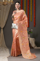 Peach Organza Ethnic Motif Woven Design Chanderi Saree