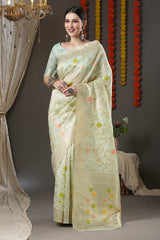 Sea Green Organza Ethnic Motif Woven Design Chanderi Saree