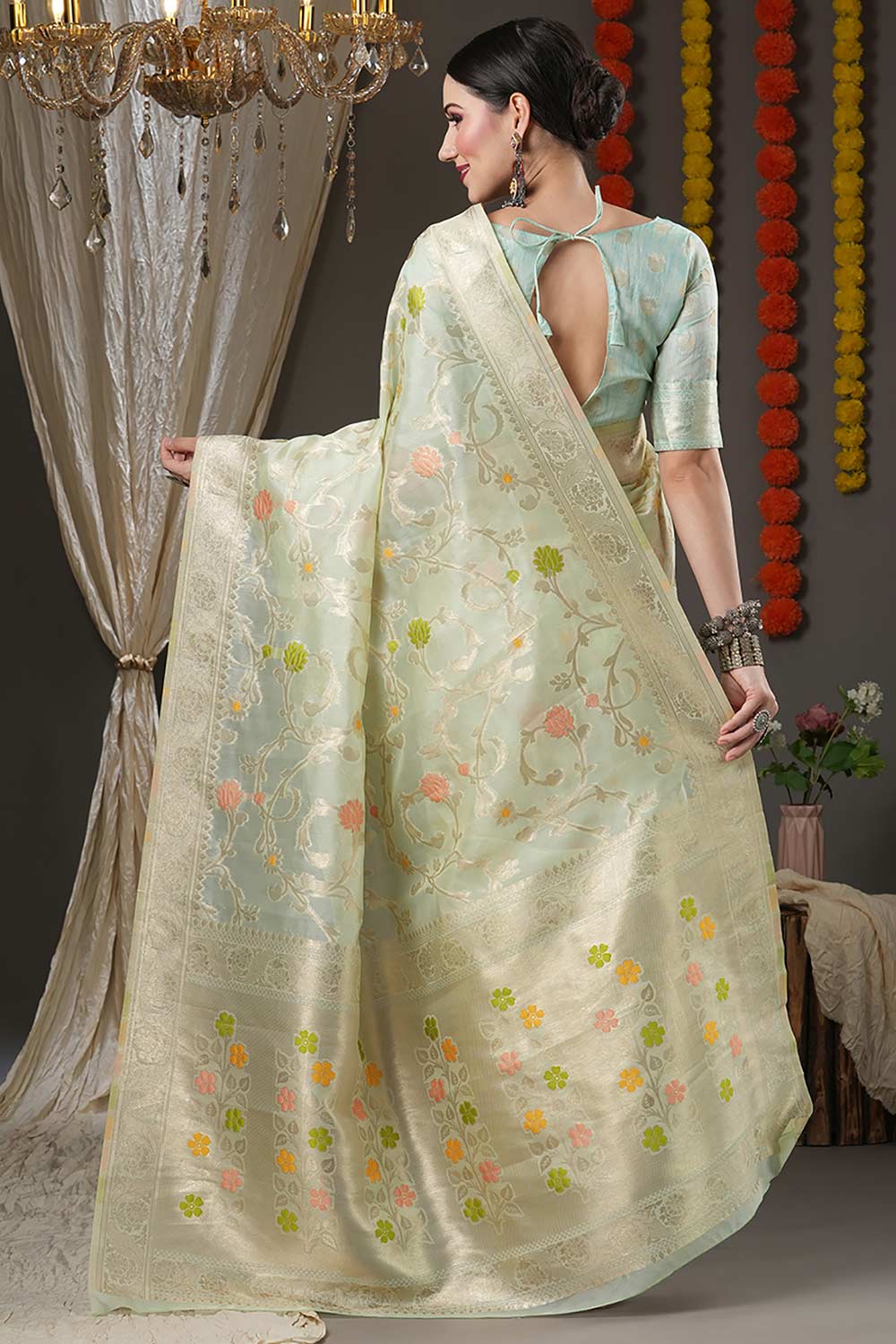 Sea Green Organza Ethnic Motif Woven Design Chanderi Saree