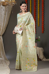 Sea Green Organza Ethnic Motif Woven Design Chanderi Saree