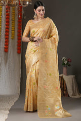 Yellow Organza Ethnic Motif Woven Design Chanderi Saree