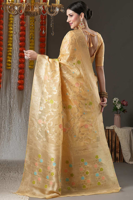 Yellow Organza Ethnic Motif Woven Design Chanderi Saree
