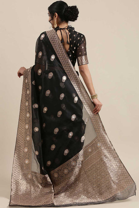 Organza Floral Woven Saree In Black