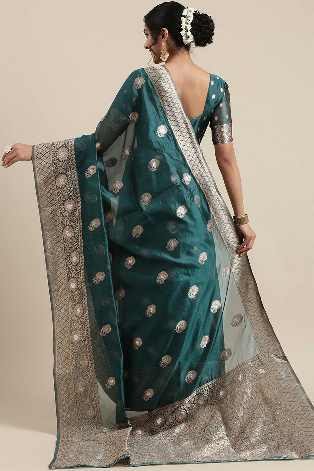 Organza Floral Woven Saree In Teal Blue