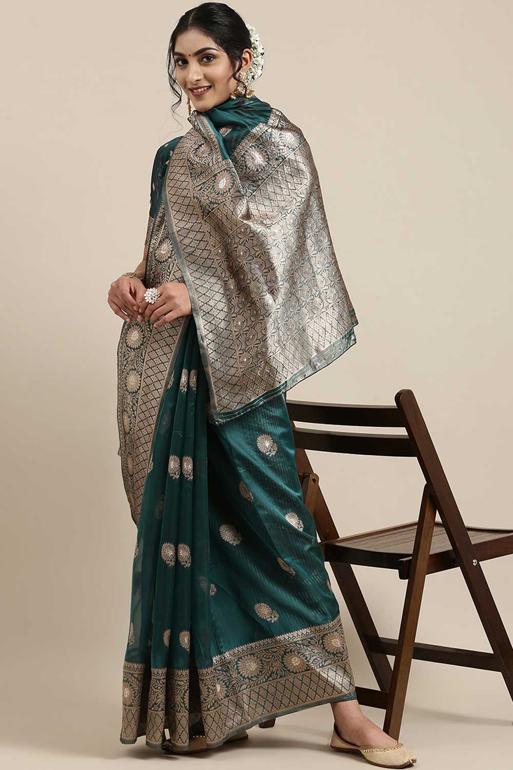 Organza Floral Woven Saree In Teal Blue