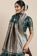 Organza Floral Woven Saree In Teal Blue