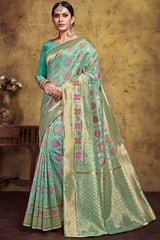 Art Silk Woven Saree In Aqua Blue