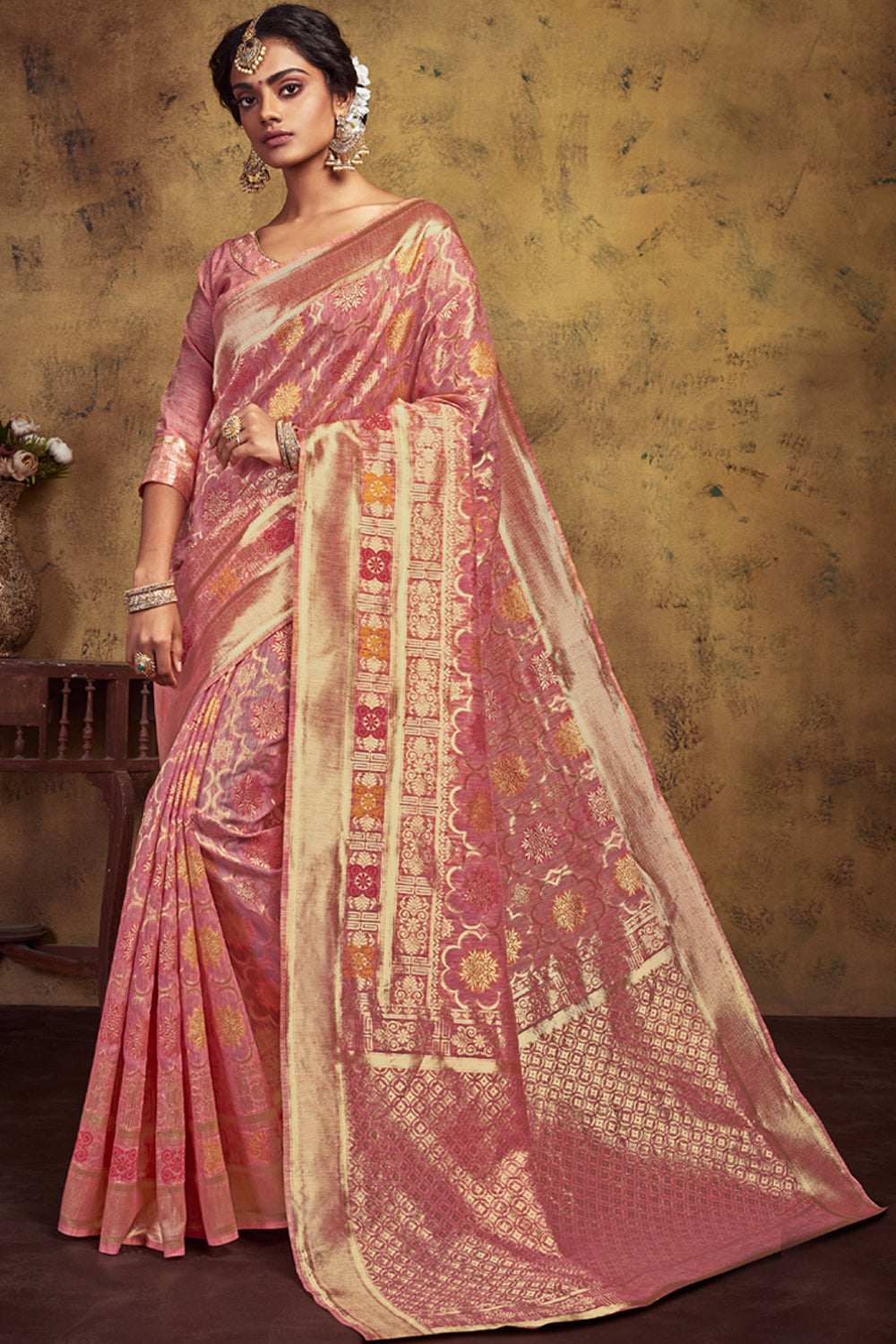 Art Silk Woven Saree In Pink