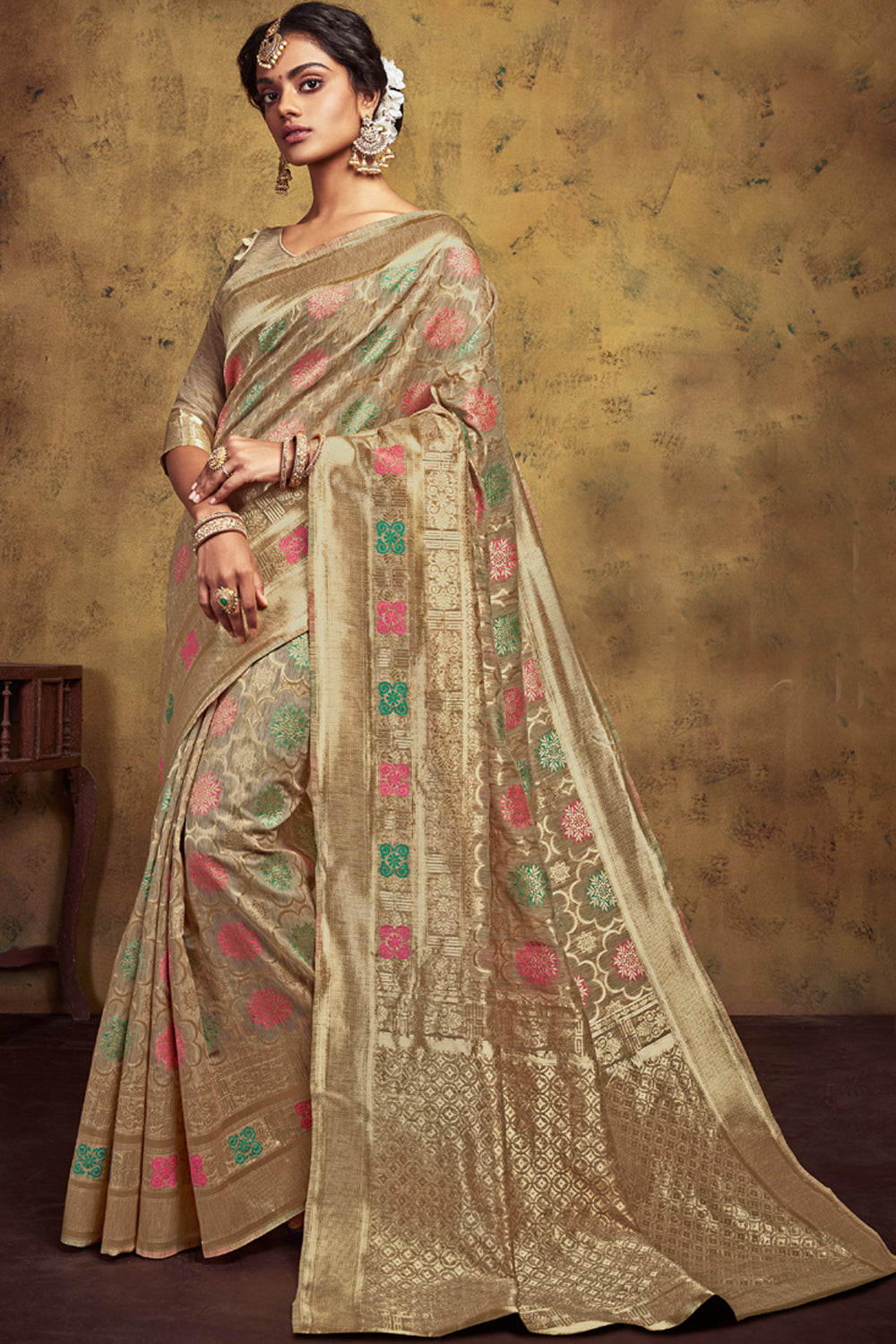 Art Silk Woven Saree In Beige