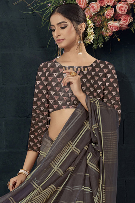 Organza Printed Saree In Brown