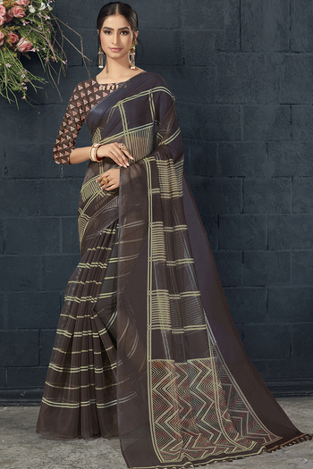 Organza Printed Saree In Brown