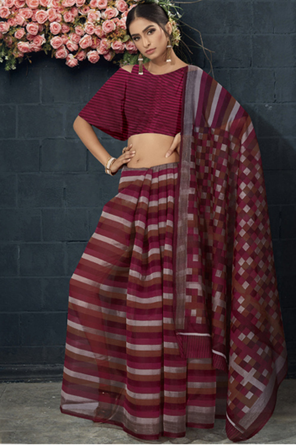 Organza Printed Saree In Wine