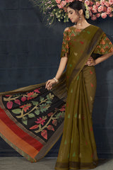 Organza Printed Saree In Olive Green