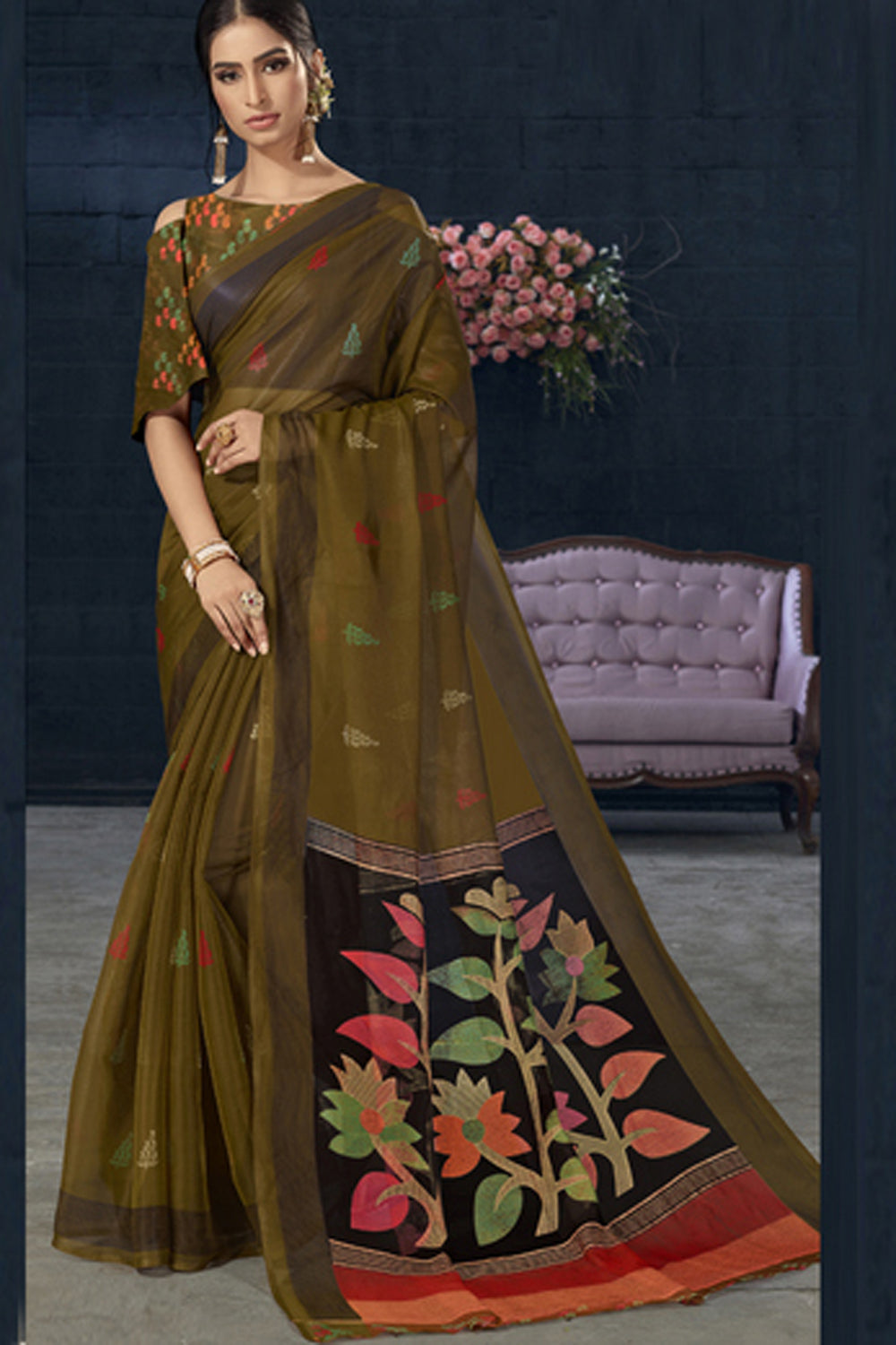 Organza Printed Saree In Olive Green