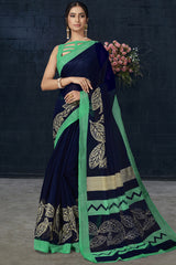 Organza Printed Saree In Navy Blue