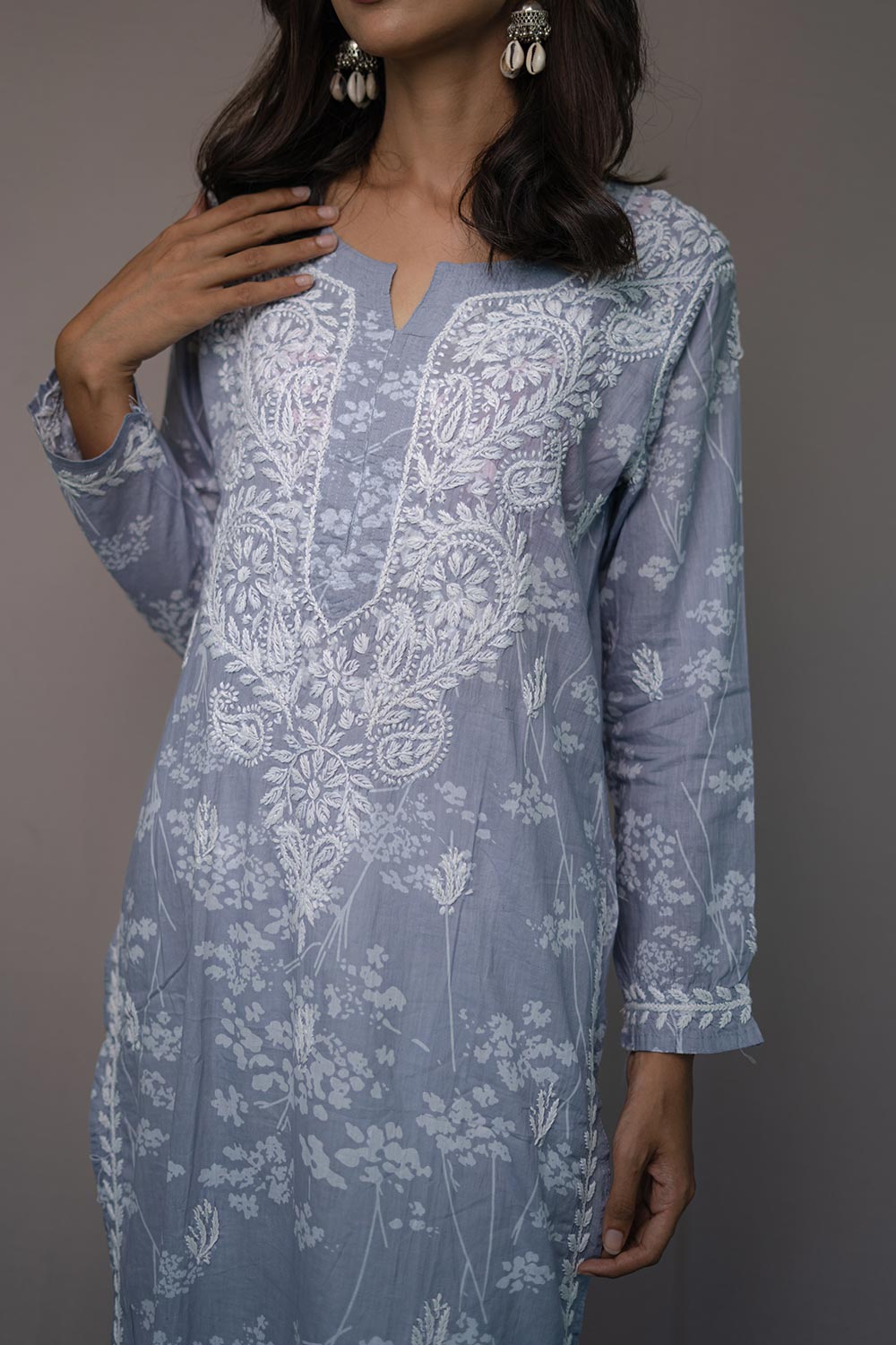 Buy Mulmul Cotton Embroidered Kurta Top in Grey Online - Side