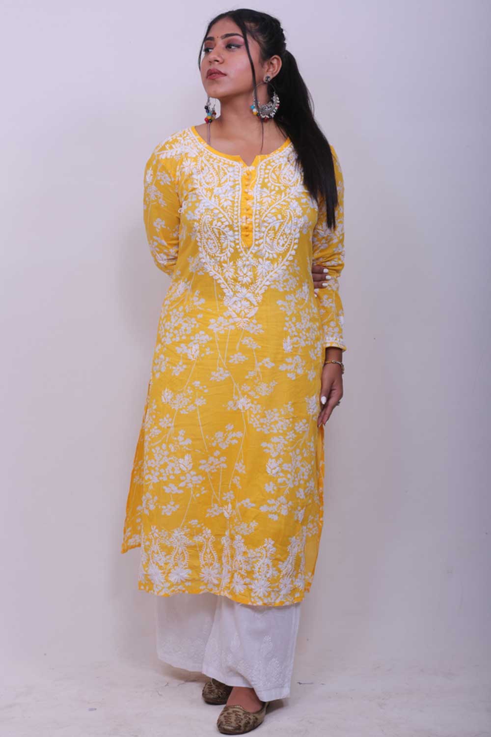 Chikankari Pakizah Kurti Top In Yellow