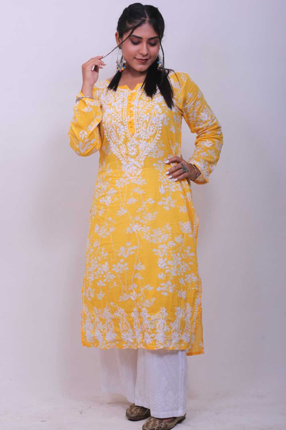 Chikankari Pakizah Kurti Top In Yellow