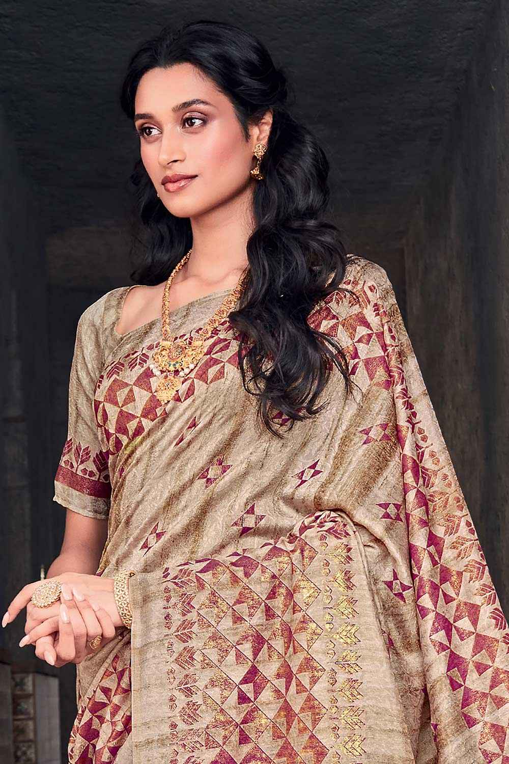 Silk Blend Beige Printed Designer Saree