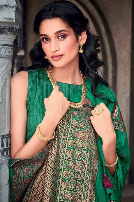 Silk Blend Green Printed Designer Saree