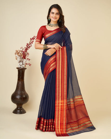 Blue Semi Cotton Doriya Saree