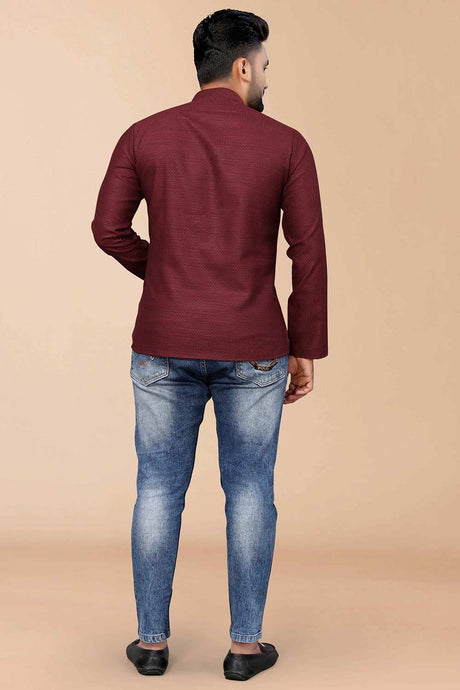 Men's Maroon Cotton Solid Short Kurta Top