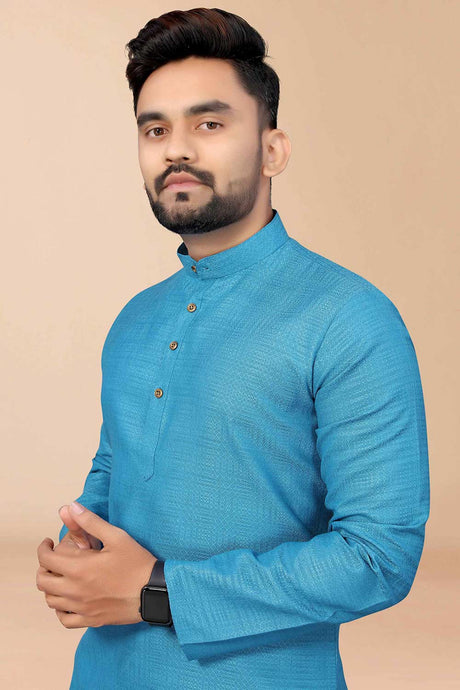 Men's Sky Blue Cotton Solid Short Kurta Top