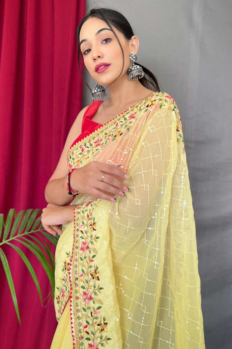Light Yellow Georgette Sequins Embroidered Saree