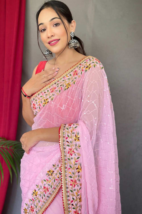 Baby Pink Georgette Sequins Embroidered Saree