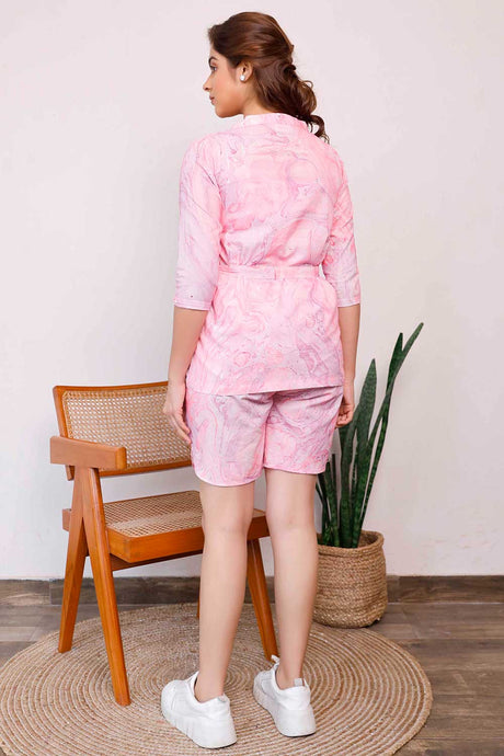 Pink Marble Printed Tie Up Top With Shorts