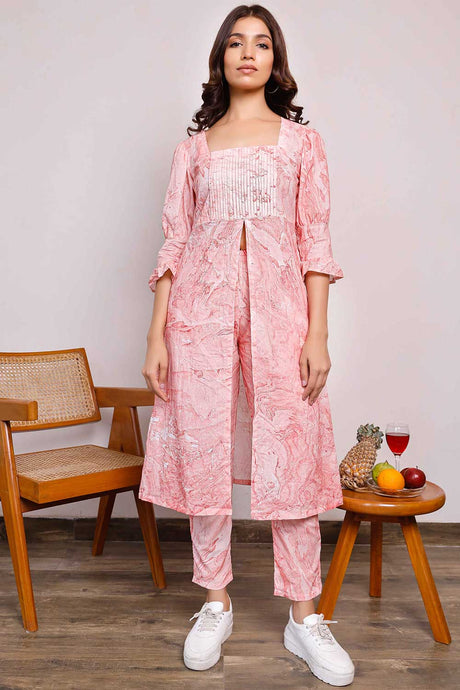 Red Marble Printed Kurta With Pleated Yoke And Pants
