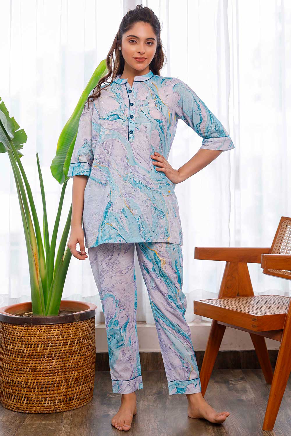 Marble Printed Light Blue And Lilac Color Comfy Co-Ords Sets