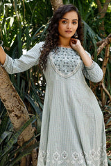 Grey Color Floral Print Embroidered Anarkali Ethnic Dress