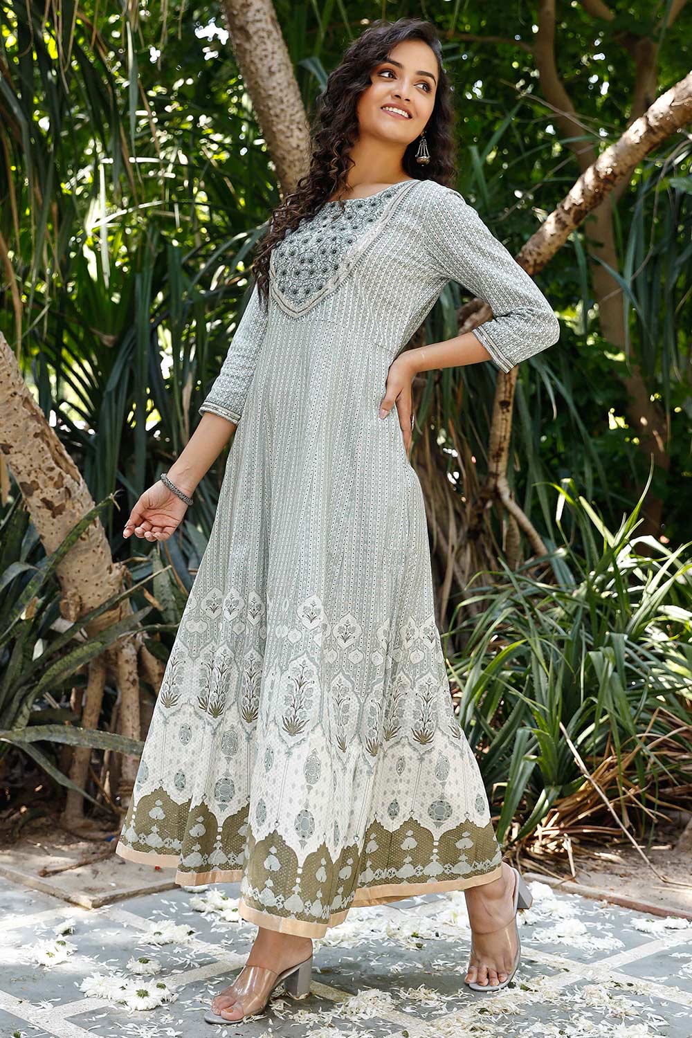 Grey Color Floral Print Embroidered Anarkali Ethnic Dress