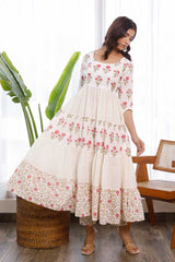 White Cotton Floral Hand Block Printed Anarkali Set