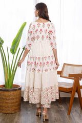 White Cotton Floral Hand Block Printed Anarkali Set