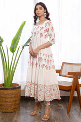 White Cotton Floral Hand Block Printed Anarkali Set