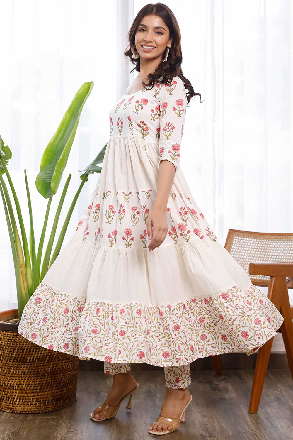 White Cotton Floral Hand Block Printed Anarkali Set