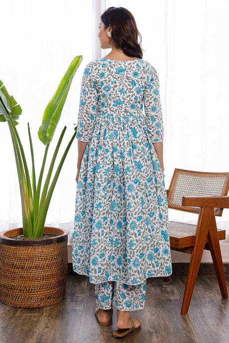 Floral Handblock Printed Blue Anarkali And Pants Set