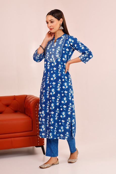 Buy Blue cotton Floral Hand Printed Kurta with Pant Online - Back