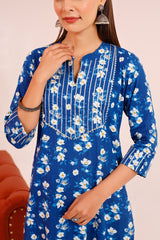 Buy Blue cotton Floral Hand Printed Kurta with Pant Online - Zoom In
