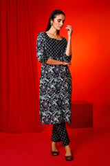 Buy black cotton Floral Hand Printed Kurta with Pant Online - Back