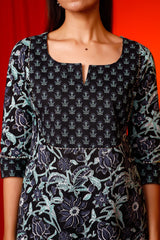Buy black cotton Floral Hand Printed Kurta with Pant Online - Zoom Out