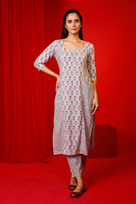 Buy Pink cotton floral printed Kurta with Pant Online