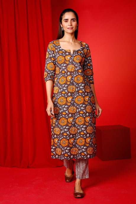 Buy brown cotton Floral Hand Printed Kurta with Pant Online