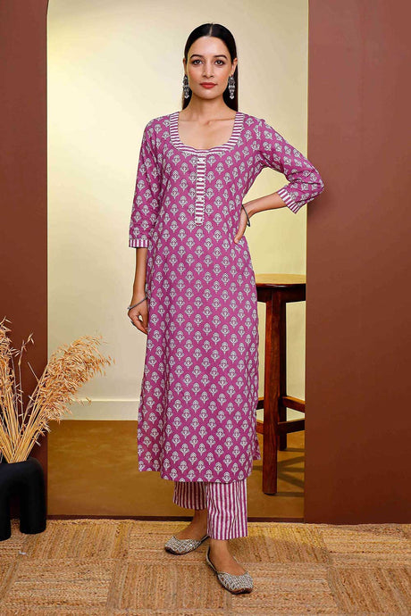 Buy Hand printed straight kurta with detailed neckline ,placket,sleeve and striped pants  Online