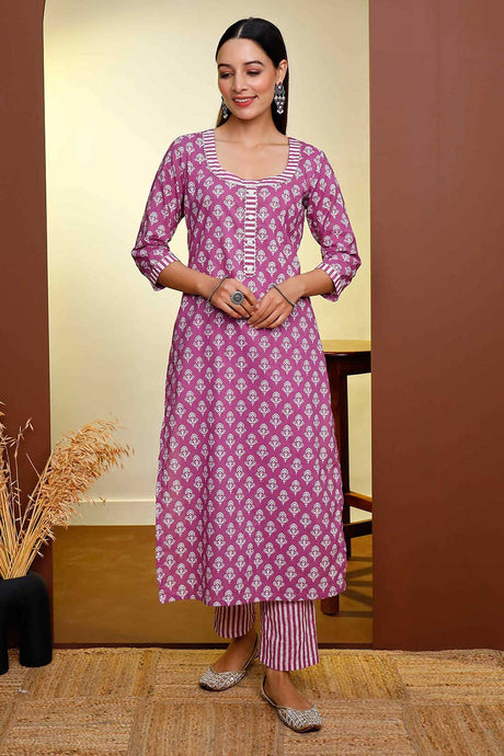 Buy Hand printed straight kurta with detailed neckline ,placket,sleeve and striped pants  Online