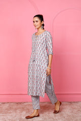 Buy grey cotton Floral Hand Printed Kurta with Pant Online - Back