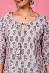 Buy grey cotton Floral Hand Printed Kurta with Pant Online - Zoom In