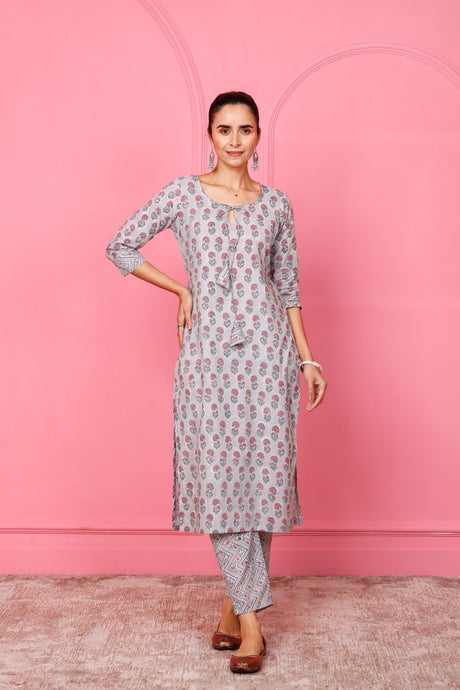 Buy grey cotton Floral Hand Printed Kurta with Pant Online